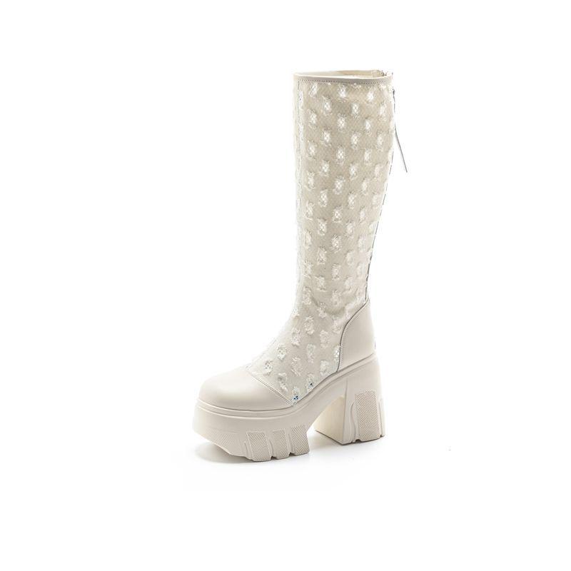 

Женские сапоги на платформе до колена 2024 года: Толстая подошва, высокий каблук, сетка, стиль для увеличения роста 36 бежевый