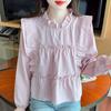 Autumn Fashion New 2024 Ruffled Collar Long Sleeve Ruffles Striped Chiffon Blouse Shirt Women Tops Blouses Shirts J481