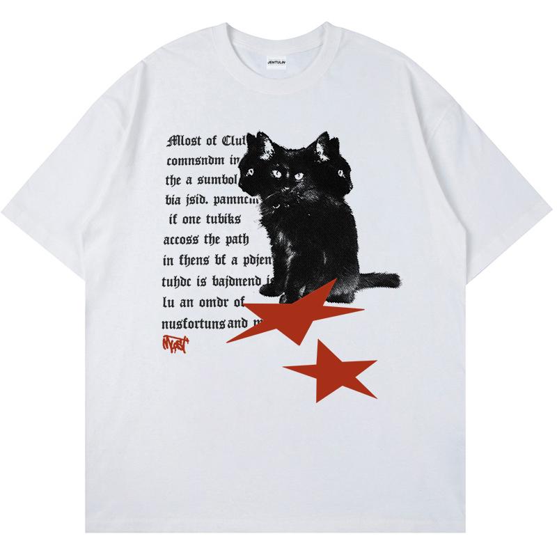 

Punk Hip Hop Mens T Shirt Streetwear Y2K Black Cats Star Graphic Print Tshirt Summer Harajuku Fashion Goth Loose Tee Cotton Top S