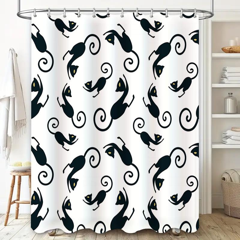 Black Cat Print Shower Curtain with White Background Bathroom Decor
