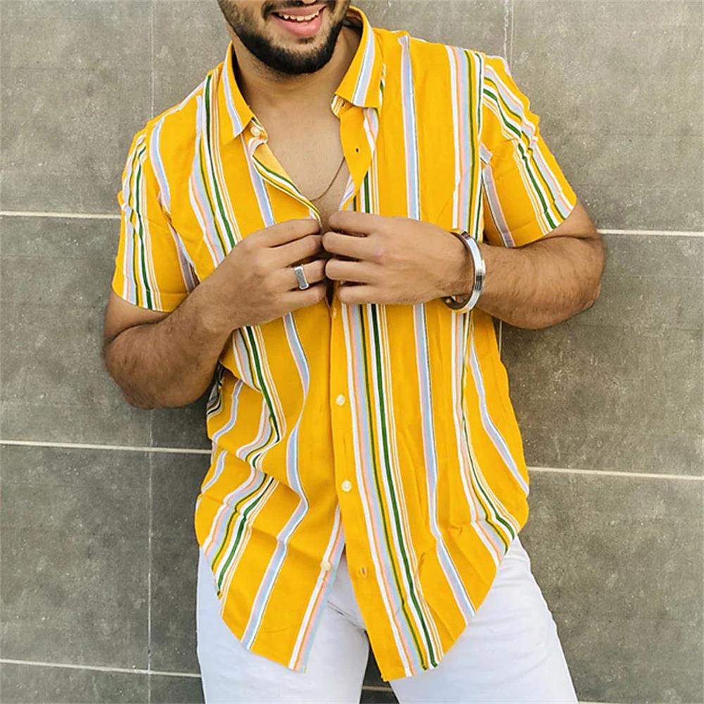 Erkekler İçin Hawaii Gömlekleri Vintage Yazlık Gömlek Çizgili Kısa Kollu Bol Kesim Sokak Erkek Tasarımcı Giyim Camisas De Hombre