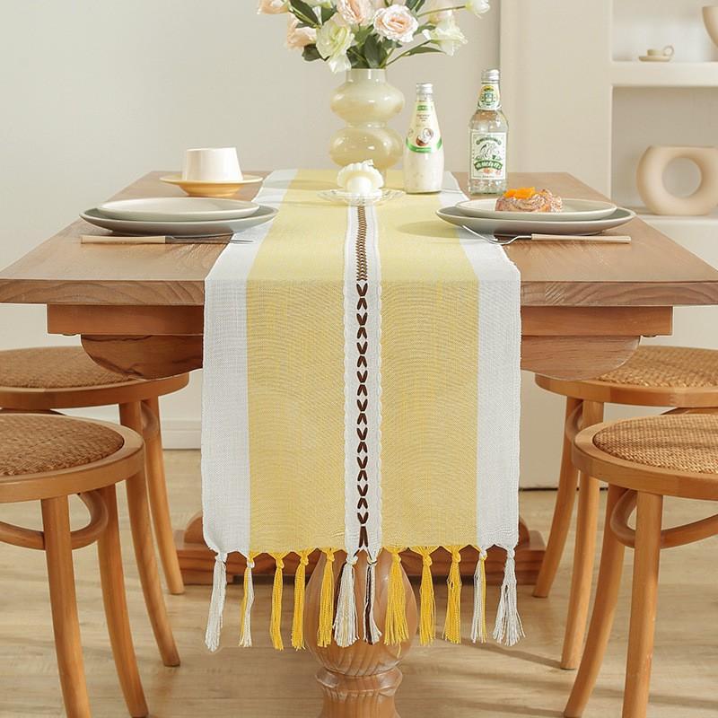 Handmade Tassel Cotton Linen Table Runner Dining Coffee Decor In American Rustic Style