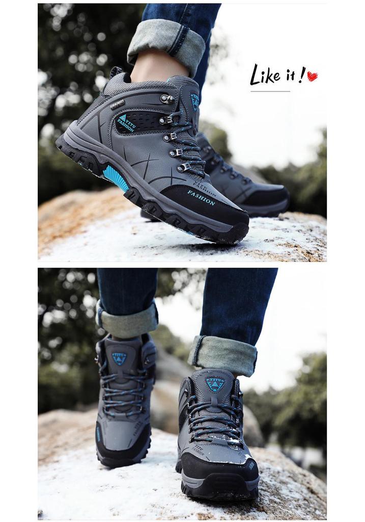 Men's High-Top Waterproof Leather Hiking Boots, Warm, Velvet-Lined, Thick-Sole, Large Size, Autumn/Winter Outdoor Off-Road Footwear.