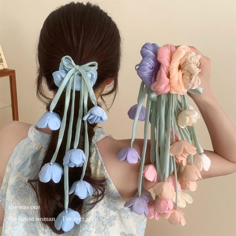 Elegant Floral Tulle Scrunchie With Fringe Detailing Headbands Rope Hair Band For Everyday Styling