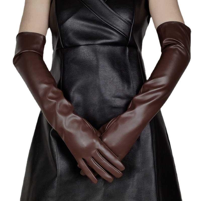 Sexy Leopard Touch Screen Gloves Winter Women PU Black 50cm Long Simulation Leather Thin Full Finger Warm Driving Mittens K52