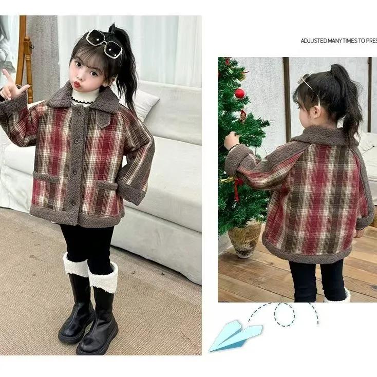 Girls Winter Plush Plaid Velvet Jackets Kids Thickened Cute Fleece-lined Clothes