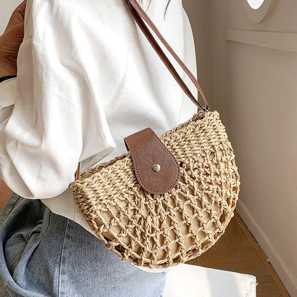 Bohemian Style Weave Straw Crossbody Bag Woven Beach Shoulder Bag Hollow Semicircle Bag  Shopping