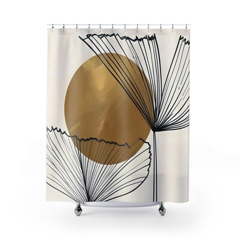Abstract Leaves and Gold Sun, Art Deco Shower Curtain, Minimalist Home Decoration, Luxurious Bathroom, Modern Shower curtain W90XH180cm