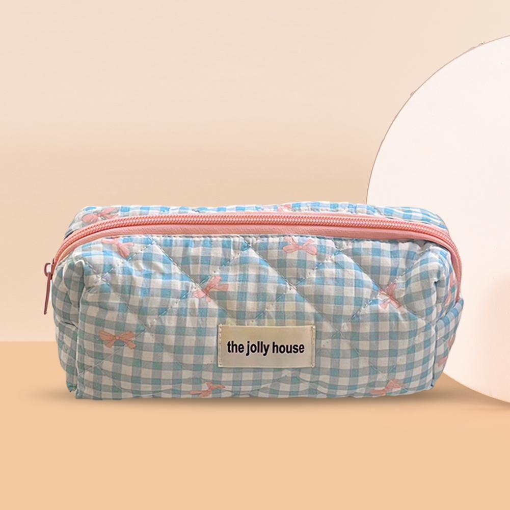 Checkered Cute Bow Travel Makeup Pouch with Zipper Toiletry Bag Cotton Quilted Cosmetic Organizer Case for Women and Girls