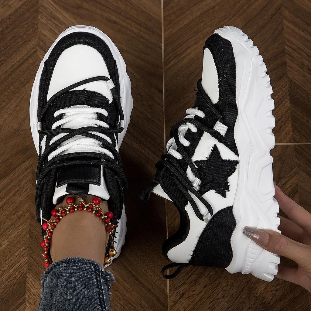 MCTIN Couples Chunky Sneakers Casual Lace Up Platform Shoes for Women Star Decor Men Sports Shoes