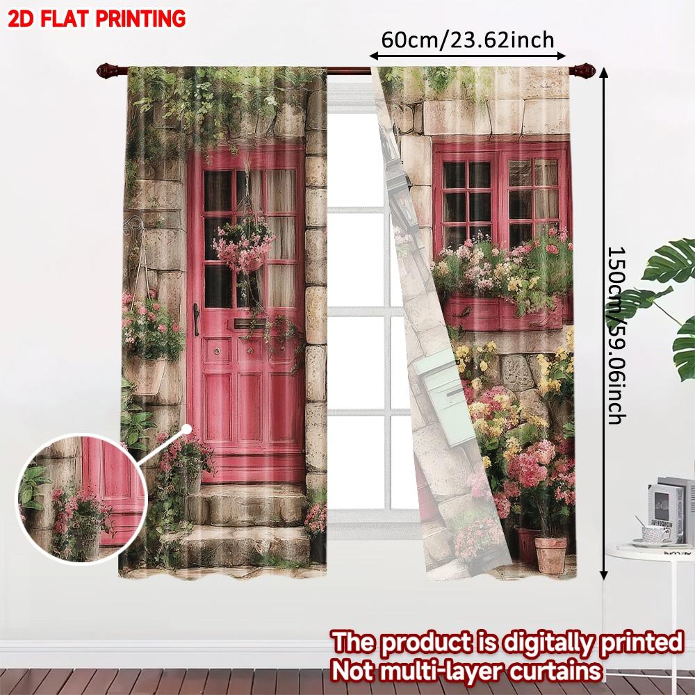 Set Of 2 Pink House Floral Curtains Digital Printing Stone Wall Colorful Flowerpots Blue Door Window Cozy Bedroom Decor Curtain Polyester Perfect For