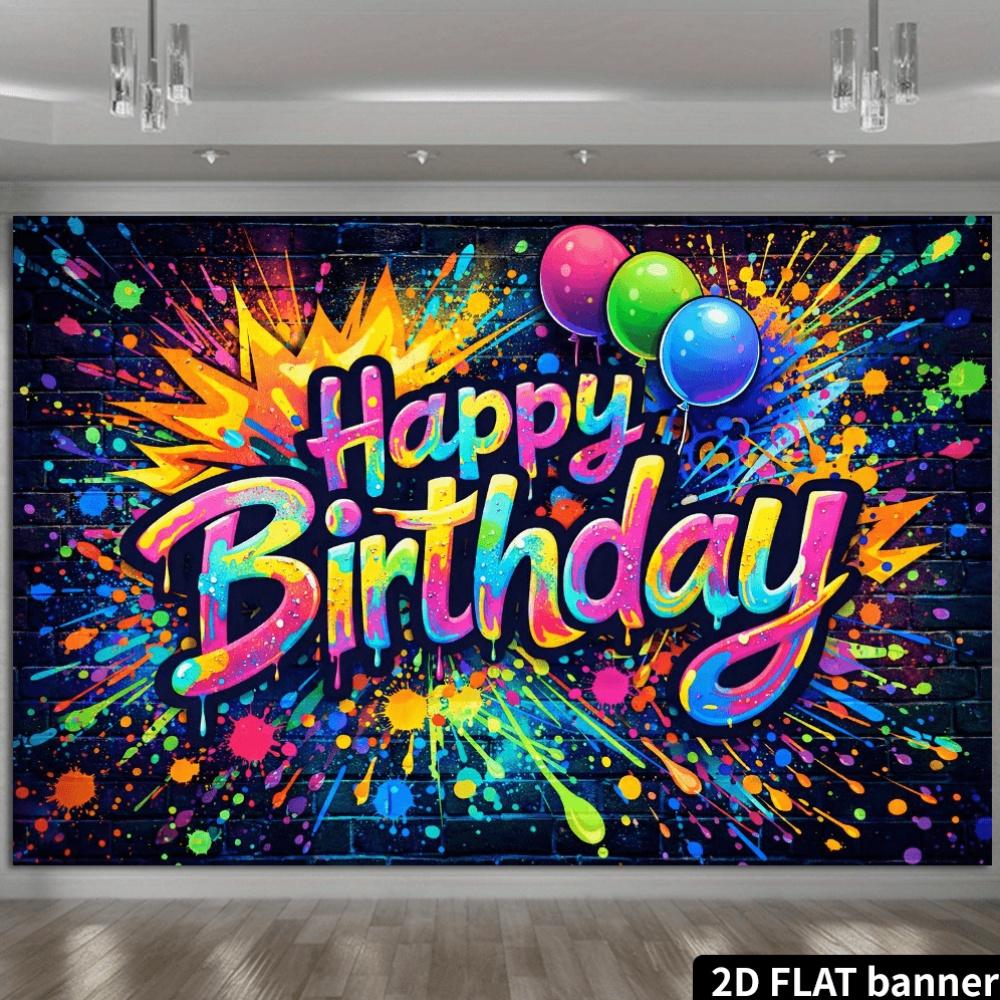 Tecido de Fundo para Festa de Aniversário Graffiti em Plano 2D - Efeito Vibrante de Salpicos de Tinta Spray - Texto Feliz Aniversário