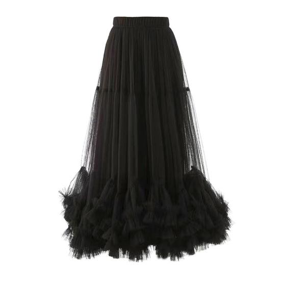 Mesh Yarn Midi Skirt High Elastic Waist Ruffles Trim A-line Skirt