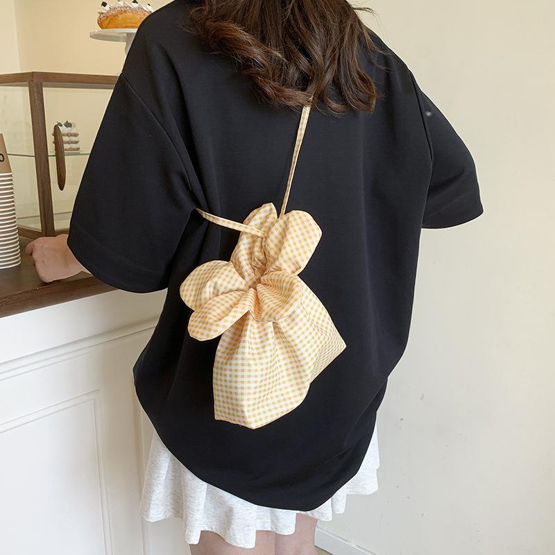 Korean Plaid Embroidered Flower Bag Women's 2025 New Casual Drawstring Canvas Bag Commuter Shoulder Crossbody Bucket Bag