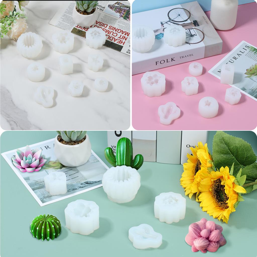 9Pcs Succulent Silicone Mold 3D Succulent Cactus Candle Molds Safe Cactus Flower Resin Mold for Scented Candles Soaps Making