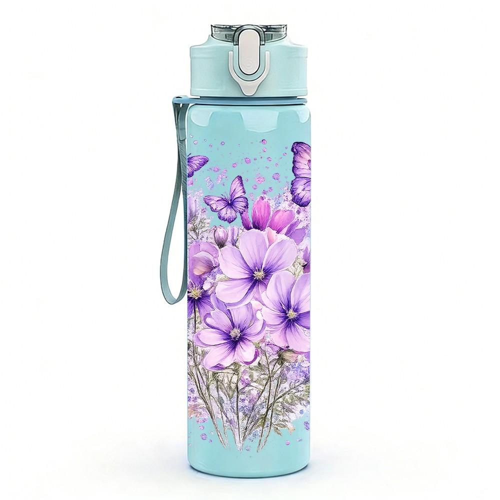 1PC Purple Lavender Bouquet Flower Print 750ml Color Plastic Sports Water Bottle Leakproof Flip Straw Lid Suitable for Sports Office Home Use