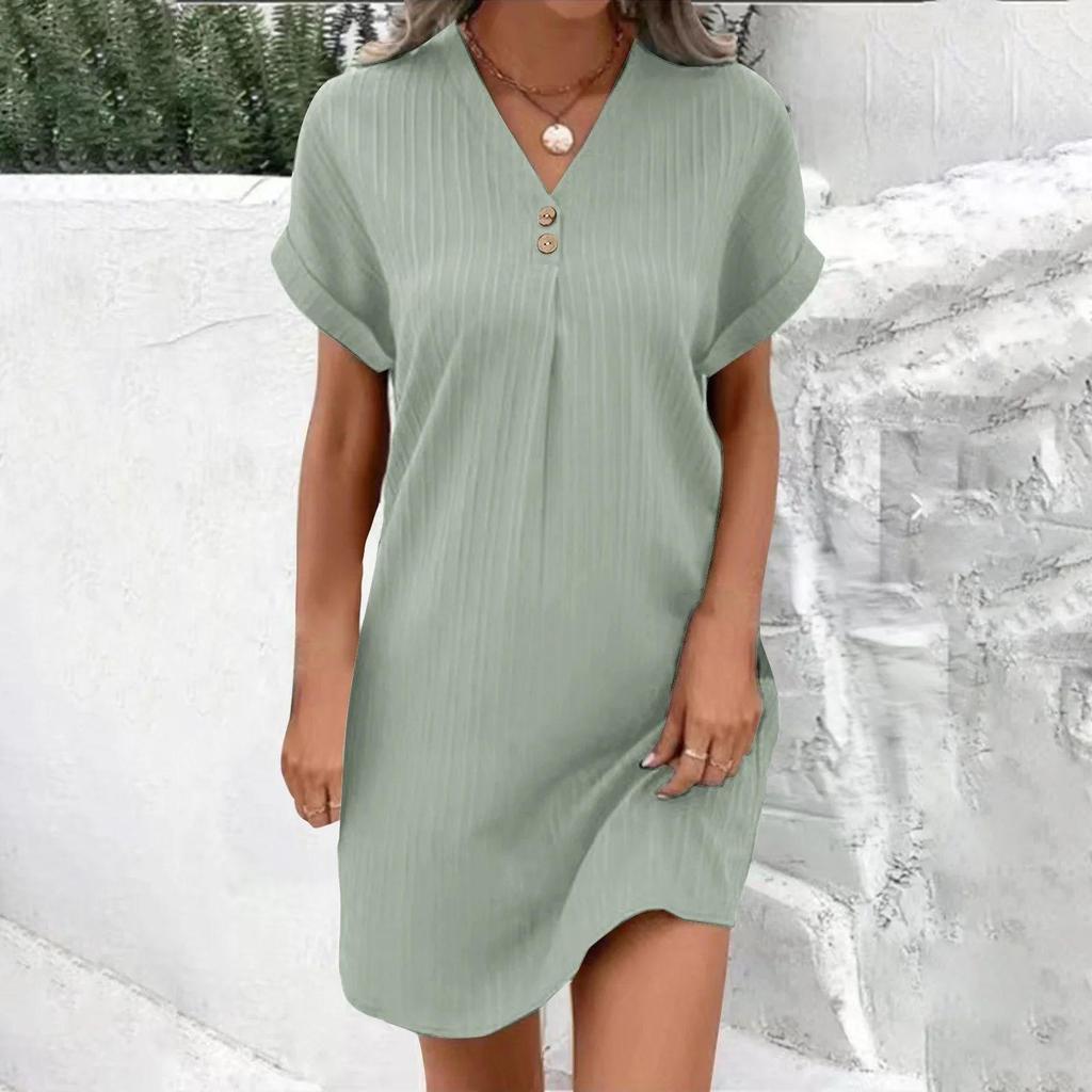 European & American Women's 2023 V-Neck Solid Color Button Pullover Dress - Comfortable & Casual Fashion