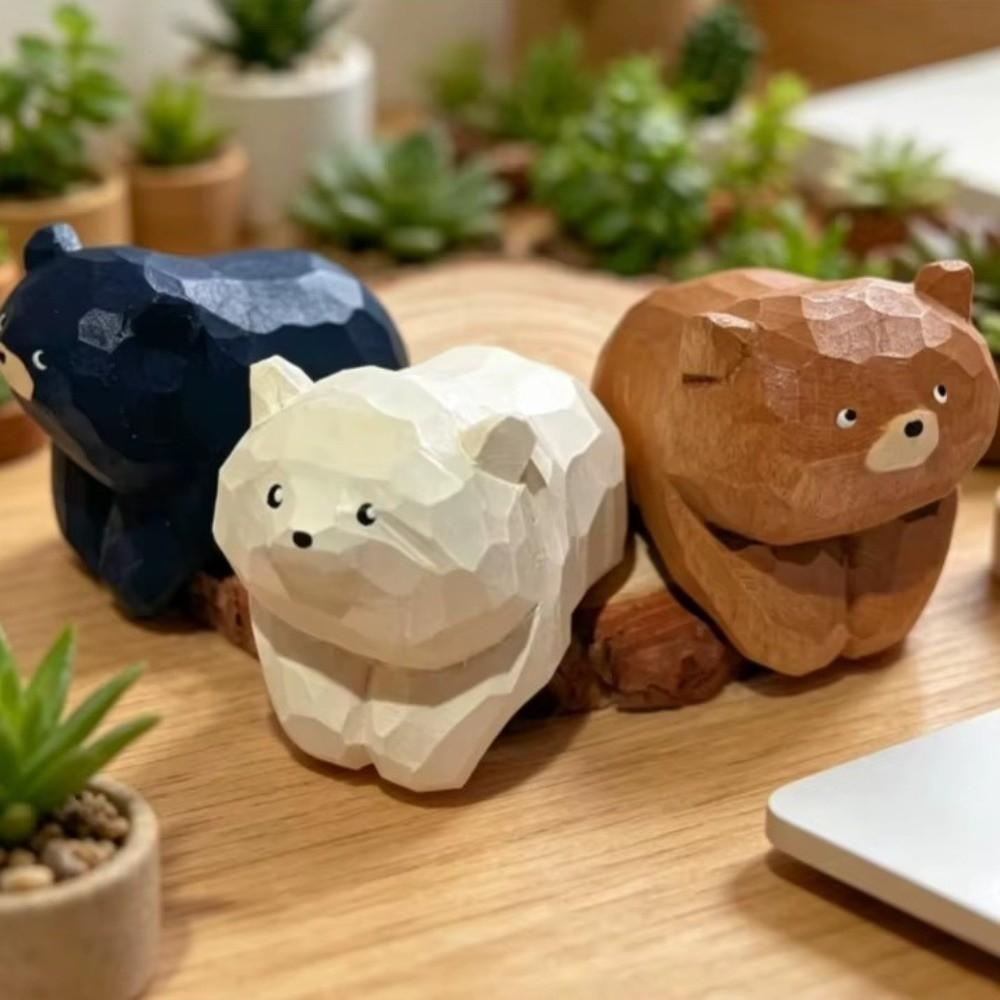 Cute Wooden Carving Ornament Miniature Mini Bear Statue Wooden Bear Figurines  Desktop Decoration