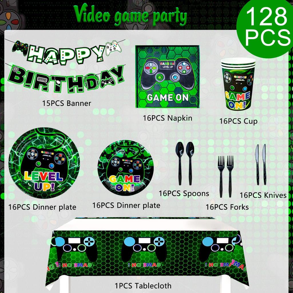 128pcs Video Game Party Supplies, Gaming Themed Tableware Set - Plates Paper Cups Banner etc Gaming Birthday Party Supplies
