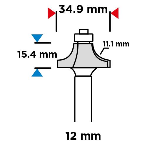 Shape cutter with bearing, rounding, HM, 34.9 x 15.4 mm, 12 mm shank