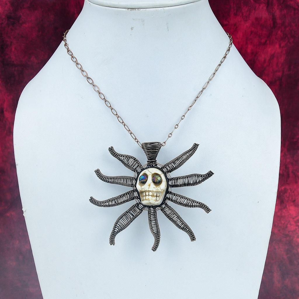 Howlite Copper Wire Wrapped Pendant Titanium Bead Eyes & Skull Bone Face Jewelry Gemstone Pendant