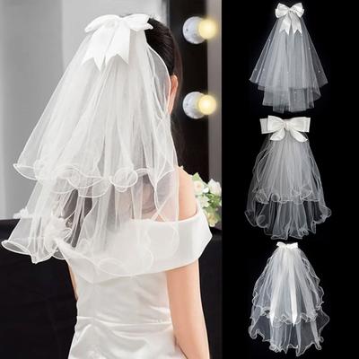 1 Pieza Borde de Encaje Velo de Boda Corto Elegante Lazo Perla Accesorios de Boda Doble Capa Blanco Velo de Novia Tul para Mujer
