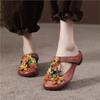 Johnature Retro Genuine Leather Colored Flower Round Toe Slippers Soft Soled Low Heel Comfortable Women's Slides