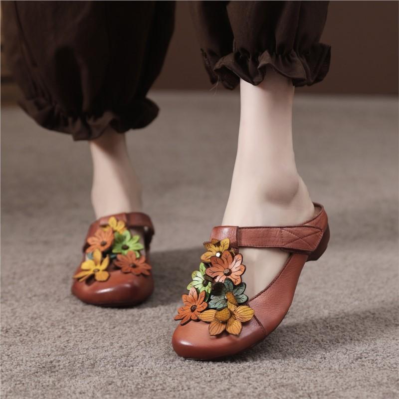 Johnature Retro Genuine Leather Colored Flower Round Toe Slippers Soft Soled Low Heel Comfortable Women's Slides