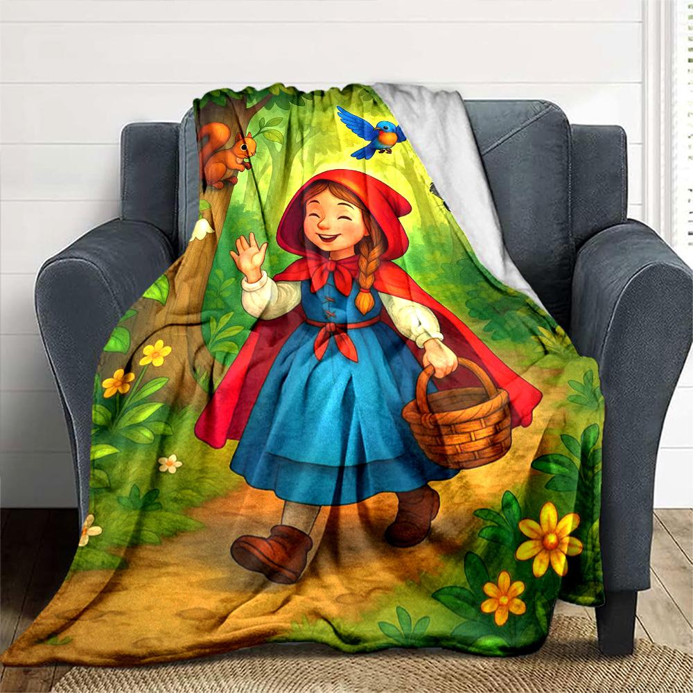 Little Red Riding Hood Cartoon Fairy Tale Print Flannel Throw Blanket—Soft, warm, and cozy; suitable for sofas, beds, and home décor.