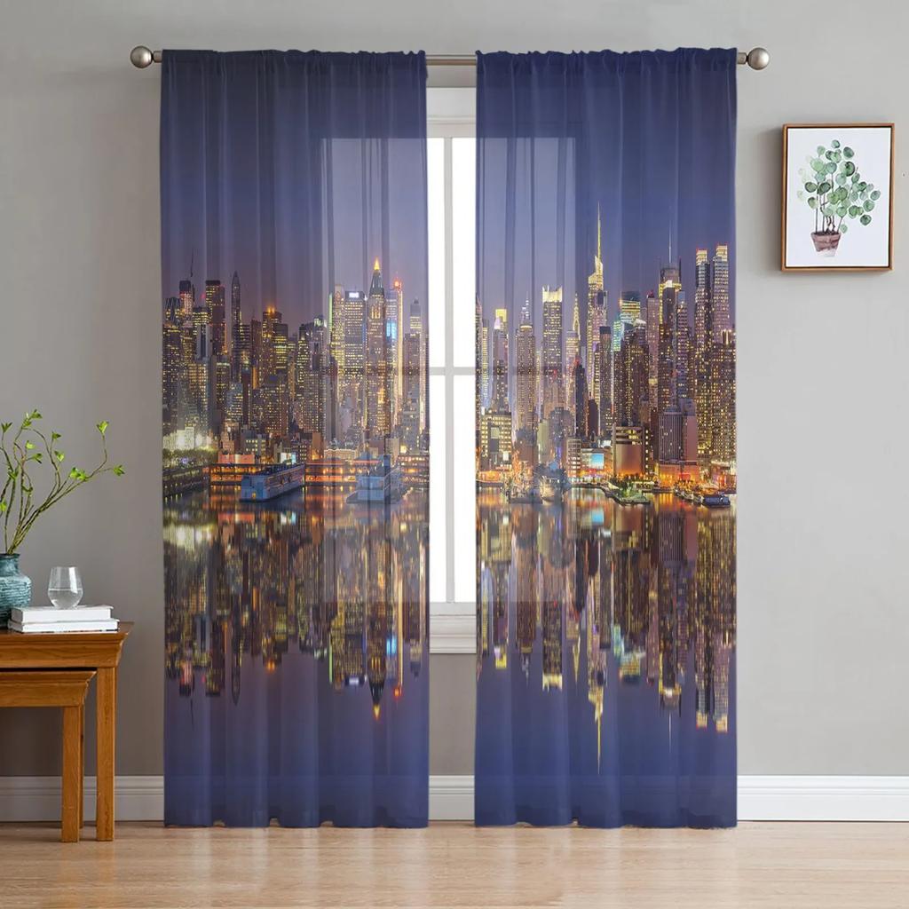 Manhattan City Night View Skira gardiner för vardagsrumsdekoration Tyll Voile Organza Fönstergardiner för kök sovrum