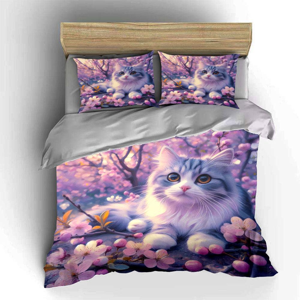 Peach Tree Cat with Pink Blossoms Print Soft Comfortable Duvet Cover Bedding Set Included 1*Duvet Cover 2*Pillowcases