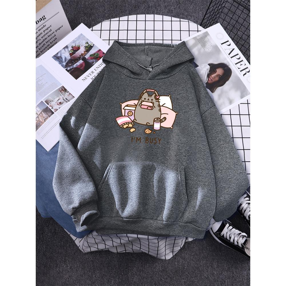 Sorry I'M Busy Cat Playing Games With Headphones Women Hoody Simple Pocket Pullovers Outdoor Soft Sweat Street Casual Female Top