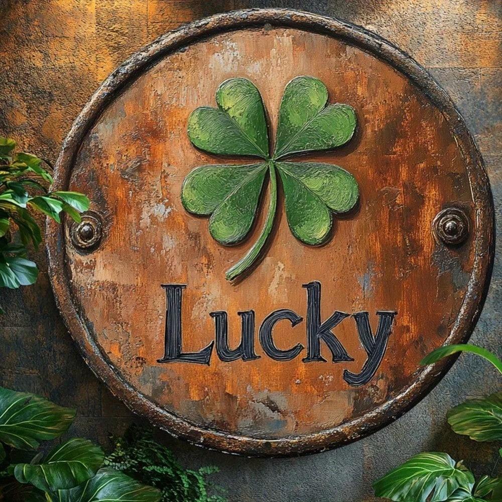 Retro Lucky Four Leaf Clover Round Metal Sign 8x8 Inch Wall Art for Indoor Outdoor Home Kitchen Living Room Decor