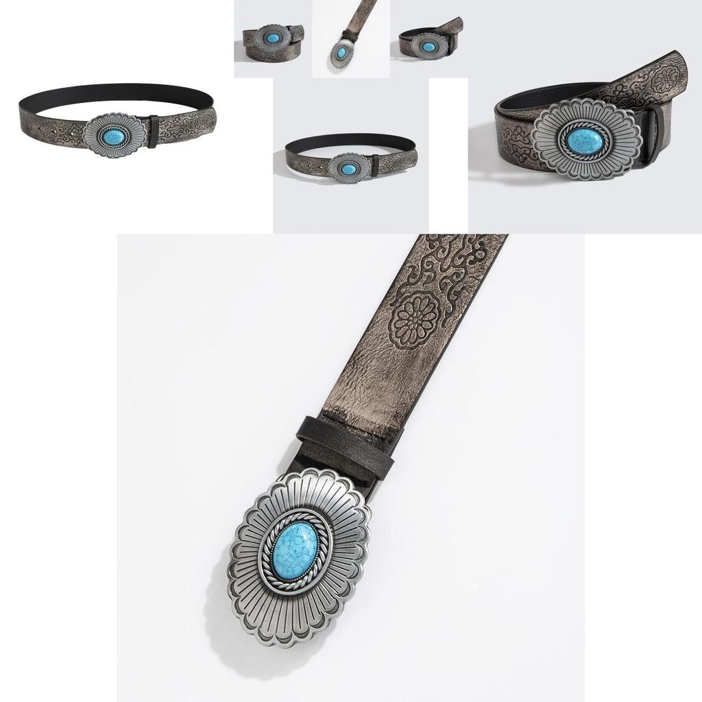 Retro Faux Leather Belt With Dark Embossed Flower Pattern For Girls And Women