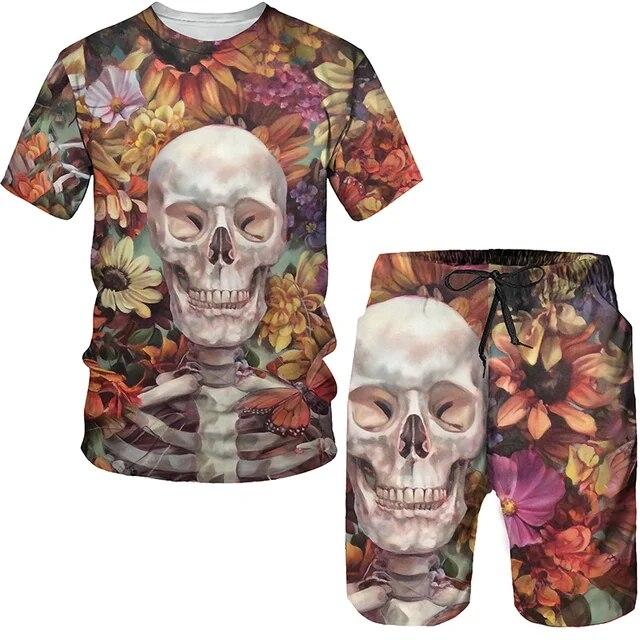 Summer 2 Piece Outfits Sets Tshirt and Shorts Tracksuit Men's Oversized Cloth Streetswear Vintage Skull Gothic 3D Print Men Sets
