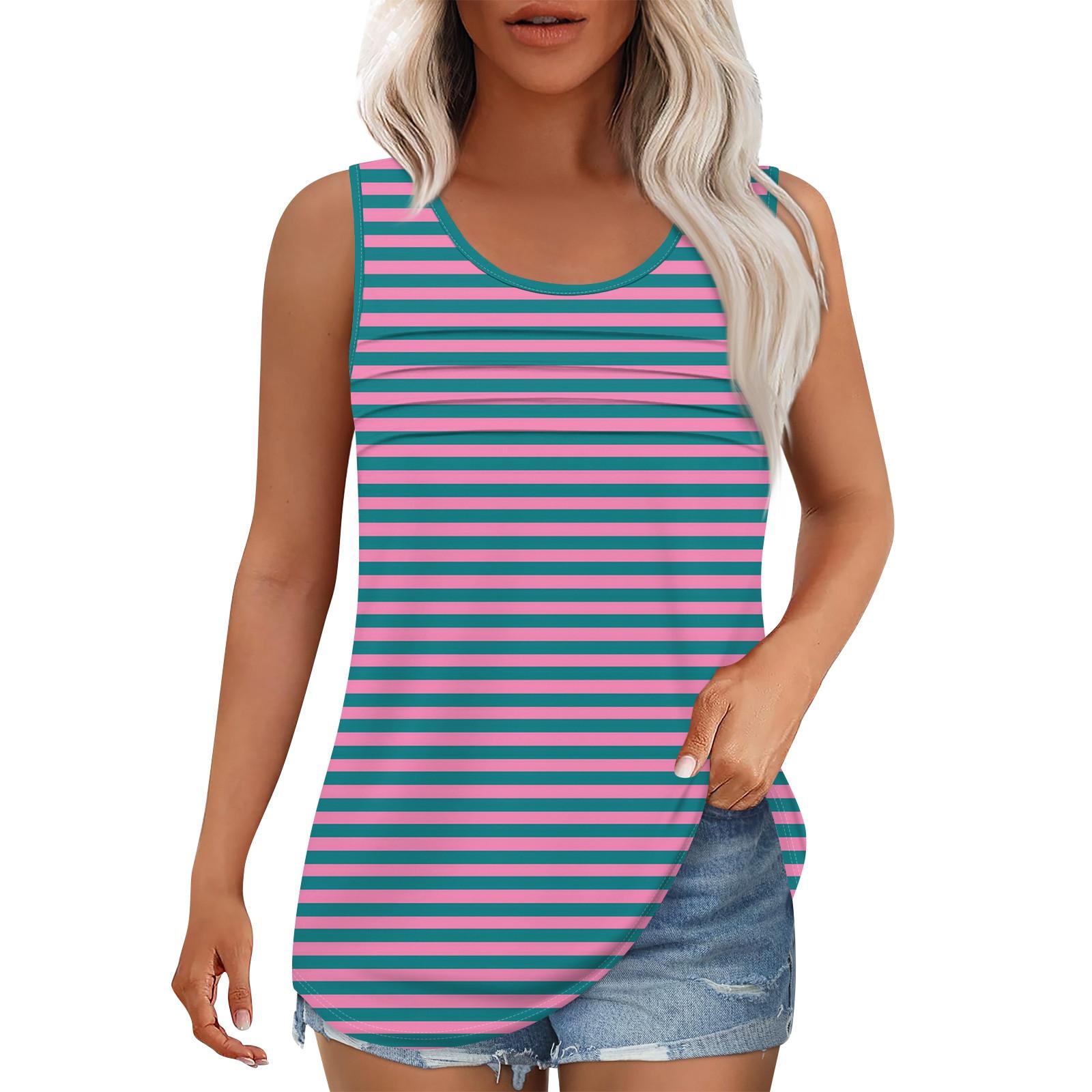 

Майка для женщин Летние наряды Без рукавов Блузки с принтом Повседневные свободные рубашки Округлый вырез Складки спереди XL