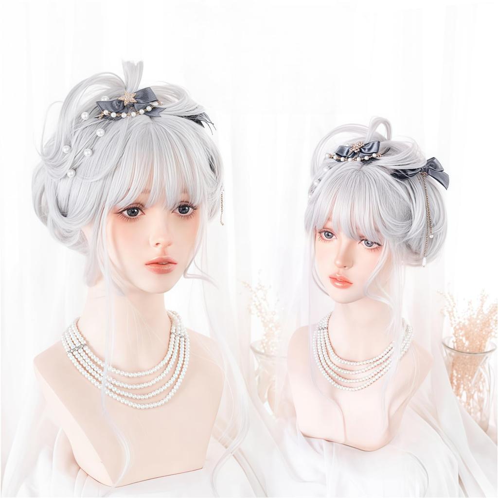 RyuuCos Lolita Wig, Long Hair, Curly Hair, Straight Bangs, Silver/Gray, Cosplay, Summer Night Glow, Natural, Harajuku Style, Heat Resistant, Disguise,