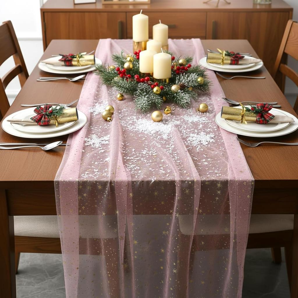 10FT × 2.3FT Pink Lace Table Runner, Gold Stars Foil Glitter Table Runner Sheer Chiffon Tulle Cheesecloth Wedding Runners, Golden Sequin Glitter