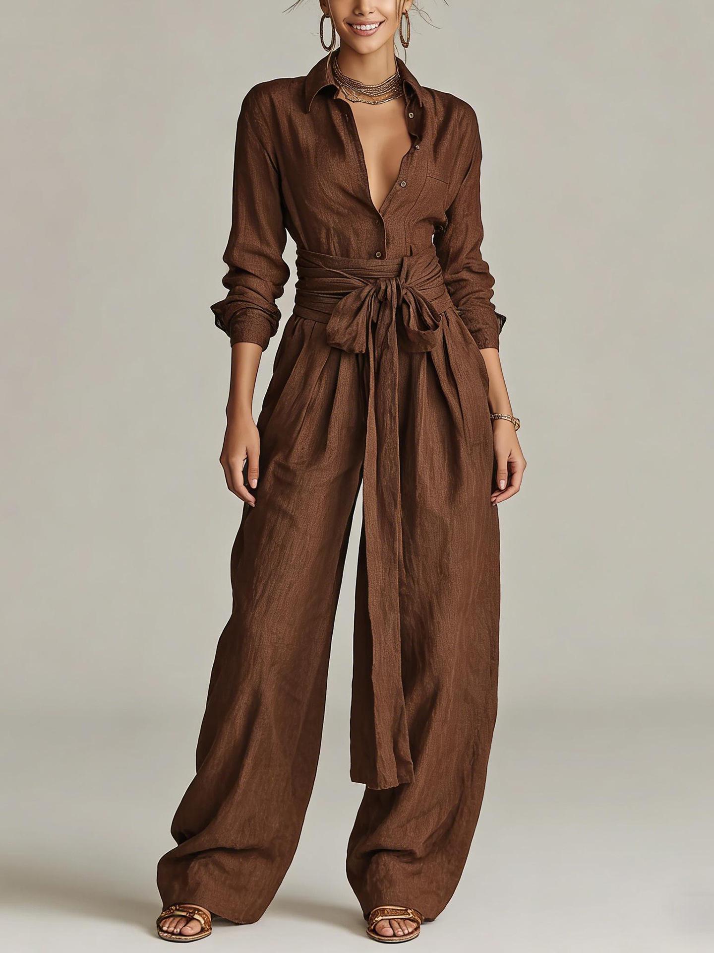 2026 Retro Jumpsuit mit hohem Bund und Gürtel - Elegante Unifarbe, Europäischer & Amerikanischer Stil M braun