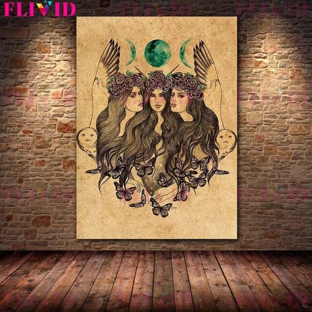 Wolf Woman And And Moon Wicca Vintage Wall Art Canvas Painting Daughters Of The Moon Art Poster And Print Home Decor No Frame