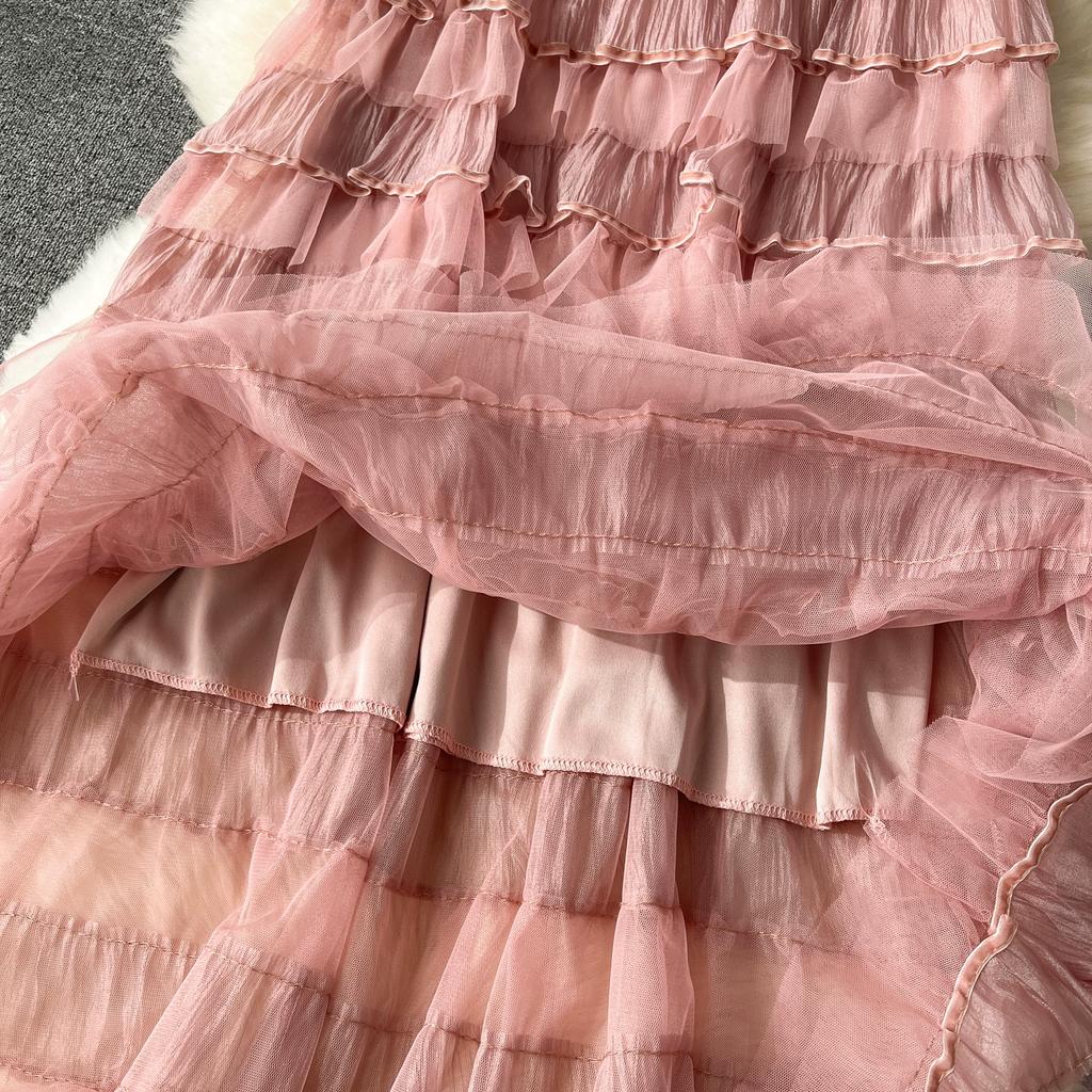 Summer Women Elegant Ruffles Mesh Tulle Cake Long Maxi Skirt