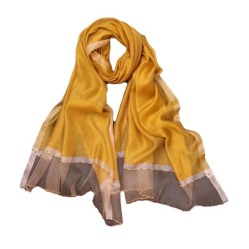 Bufanda Nueva para Mujer Chal Fino con Cuentas Color Sólido Alambre Dorado Bufanda de Gasa Personalizada Bufanda de Seda Imitación Primavera y Otoño