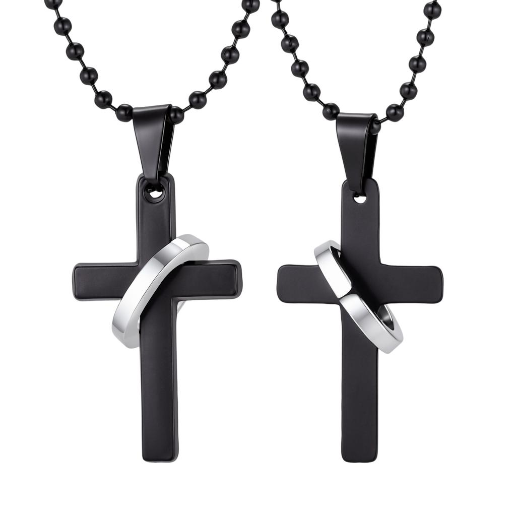 Cross Necklace for Men, Non Fading Stainless Steel Cross With Round Ring Pendant Necklace 70cm Beads Chain, Hip Hop Punk Jewelry