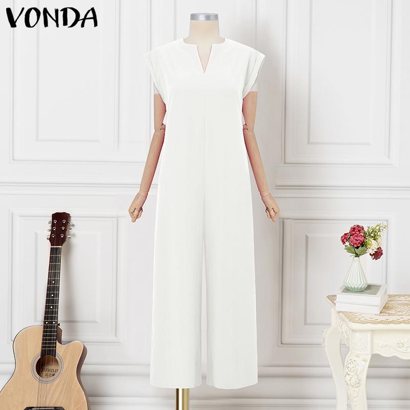 

VONDA Женский комбинезон с V-образным вырезом, короткими рукавами, повседневный, свободный, длинный, с широкими штанинами, ромпер для высоких белый