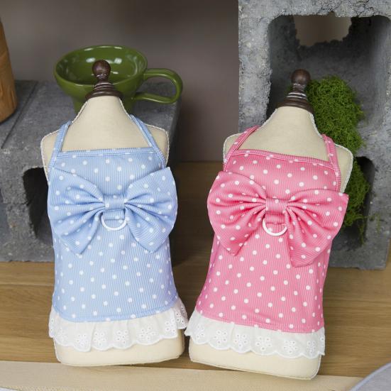 Niedliches Hundekleid mit Punktmuster, Spitzenrüschenbesatz, Prinzessinnenkleid mit großer Schleife, ärmelloses Sommer-Haustieroutfit mit D-Ring für kleine Hunde und Katzen
