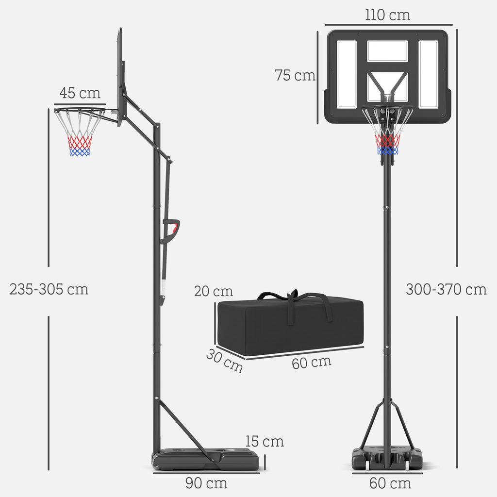 Basketball Stand, Height-Adjustable Hoop Height 235-305 cm, Fillable Base with Wheels, Black
