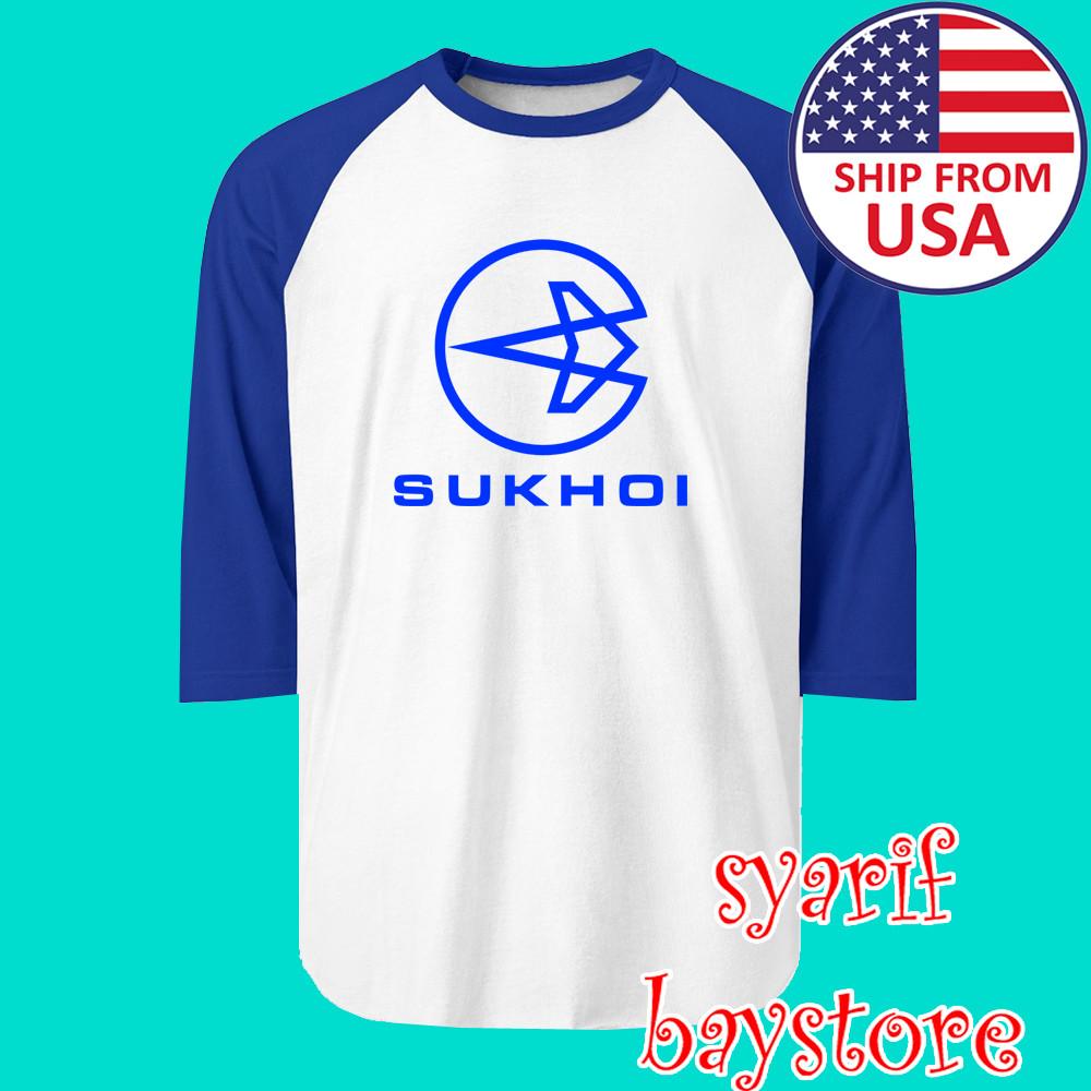 

Sukhoi Russian Aircraft Airways Men#039;s Raglan White Blue Size S to 2XL Unisex T-Shirt XXXXL