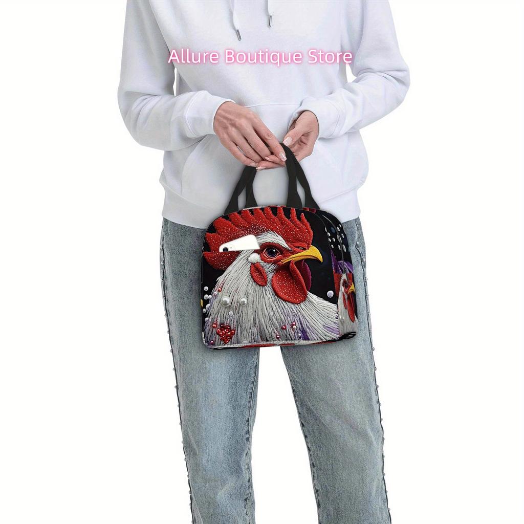 1pc Elegant Thermal Insulated Bag - Red Rooster & Pearl Design, Non-Food Contact Thermal Insulation for Hot/Cold - Portable Reus