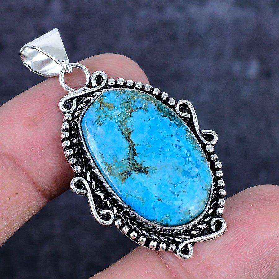 Natural Tibetan Turquoise Gemstone 925 Sterling Silver Pendant 1.97" ETC-14294