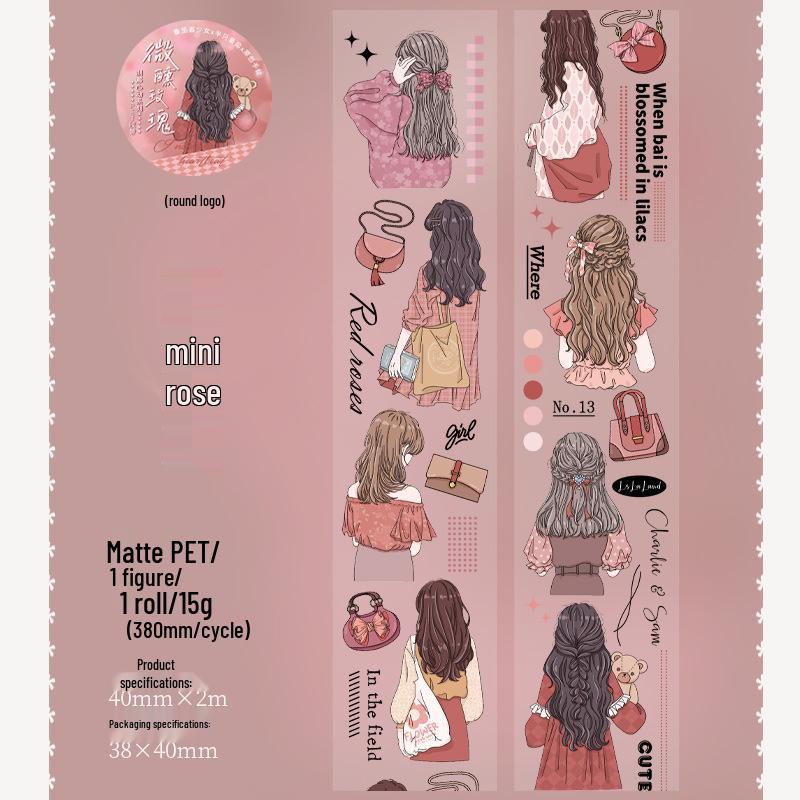 Fleeting Heartbeat Matte PET Tape: Retro Hand-Painted Girl Designs for Journal Decoration Standard